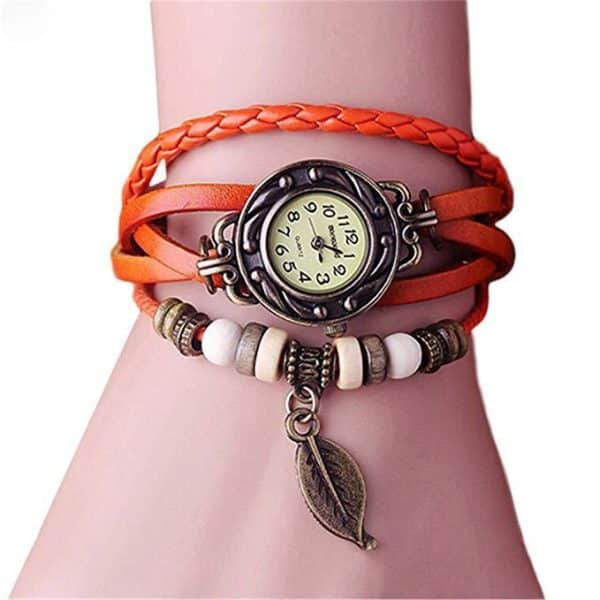 Style Retro Leaf Watch Hand Woven Retro Leather Ladies Bracelet White Watch